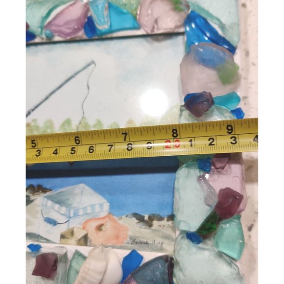 Handmade Shells & Sea Glass Framed Art Decor & Drawing Fishing Trip Theme Signed - Picture 16 of 16